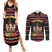 Guinea Pig Christmas Couples Matching Summer Maxi Dress and Long Sleeve Button Shirt with Santa Hats Tree and Festive Gift Pattern - Wonder Print Shop