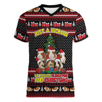 Guinea Pig Christmas Women V-Neck T-Shirt with Santa Hats Tree and Festive Gift Pattern - Wonder Print Shop