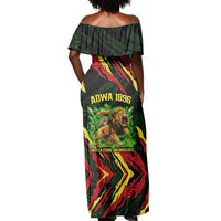 Menelik II Off Shoulder Maxi Dress with Lion of Adwa Title, Battle of Adwa 1896 Graphic and Bold Pan-African - Wonder Print Shop