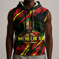 Menelik II Sleeveless Zip Hoodie with Lion of Adwa Title, Battle of Adwa 1896 Graphic and Bold Pan-African - Wonder Print Shop