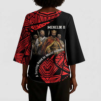 Menelik II Kimono Sleeve Blouse with Adwa Victory Map, Africa Defeated an Empire Text and Red Geometric - Wonder Print Shop