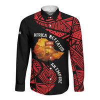 Menelik II Long Sleeve Button Shirt with Adwa Victory Map, Africa Defeated an Empire Text and Red Geometric - Wonder Print Shop