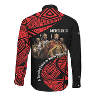 Menelik II Long Sleeve Button Shirt with Adwa Victory Map, Africa Defeated an Empire Text and Red Geometric - Wonder Print Shop