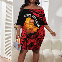Menelik II Off Shoulder Short Dress with Adwa Victory Map, Africa Defeated an Empire Text and Red Geometric - Wonder Print Shop