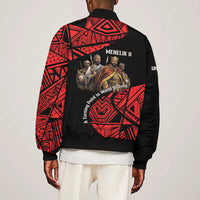 Menelik II Sleeve Zip Bomber Jacket with Adwa Victory Map, Africa Defeated an Empire Text and Red Geometric - Wonder Print Shop
