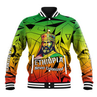 Menelik II Baseball Jacket with Crowned Portrait, Ethiopia Never Colonized Text and Pan-African Abstract - Wonder Print Shop
