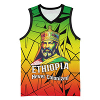 Menelik II Basketball Jersey with Crowned Portrait, Ethiopia Never Colonized Text and Pan-African Abstract - Wonder Print Shop