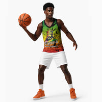 Menelik II Basketball Jersey with Crowned Portrait, Ethiopia Never Colonized Text and Pan-African Abstract - Wonder Print Shop