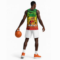 Menelik II Basketball Jersey with Crowned Portrait, Ethiopia Never Colonized Text and Pan-African Abstract - Wonder Print Shop