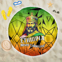 Menelik II Beach Blanket with Crowned Portrait, Ethiopia Never Colonized Text and Pan-African Abstract - Wonder Print Shop