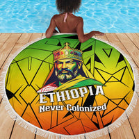 Menelik II Beach Blanket with Crowned Portrait, Ethiopia Never Colonized Text and Pan-African Abstract - Wonder Print Shop