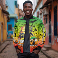 Menelik II Bomber Jacket with Crowned Portrait, Ethiopia Never Colonized Text and Pan-African Abstract - Wonder Print Shop