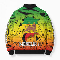 Menelik II Bomber Puffer Jacket with Crowned Portrait, Ethiopia Never Colonized Text and Pan-African Abstract - Wonder Print Shop