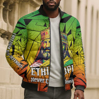 Menelik II Bomber Puffer Jacket with Crowned Portrait, Ethiopia Never Colonized Text and Pan-African Abstract - Wonder Print Shop