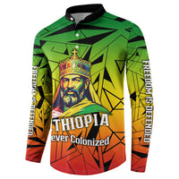 Menelik II Button Sweatshirt with Crowned Portrait, Ethiopia Never Colonized Text and Pan-African Abstract