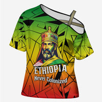 Menelik II Cross Shoulder Shirt with Crowned Portrait, Ethiopia Never Colonized Text and Pan-African Abstract - Wonder Print Shop