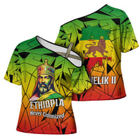 Menelik II Cross Shoulder Shirt with Crowned Portrait, Ethiopia Never Colonized Text and Pan-African Abstract - Wonder Print Shop