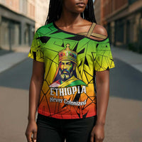 Menelik II Cross Shoulder Shirt with Crowned Portrait, Ethiopia Never Colonized Text and Pan-African Abstract - Wonder Print Shop