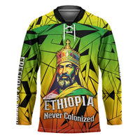Menelik II Hockey Jersey with Crowned Portrait, Ethiopia Never Colonized Text and Pan-African Abstract - Wonder Print Shop