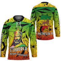 Menelik II Hockey Jersey with Crowned Portrait, Ethiopia Never Colonized Text and Pan-African Abstract - Wonder Print Shop