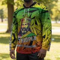 Menelik II Hockey Jersey with Crowned Portrait, Ethiopia Never Colonized Text and Pan-African Abstract - Wonder Print Shop