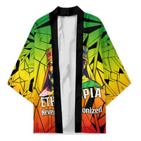 Menelik II Kimono with Crowned Portrait, Ethiopia Never Colonized Text and Pan-African Abstract - Wonder Print Shop