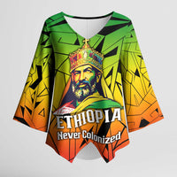Menelik II Kimono Sleeve Blouse with Crowned Portrait, Ethiopia Never Colonized Text and Pan-African Abstract - Wonder Print Shop