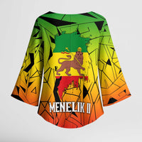 Menelik II Kimono Sleeve Blouse with Crowned Portrait, Ethiopia Never Colonized Text and Pan-African Abstract - Wonder Print Shop