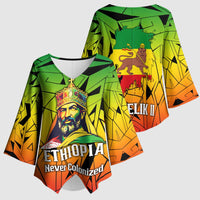 Menelik II Kimono Sleeve Blouse with Crowned Portrait, Ethiopia Never Colonized Text and Pan-African Abstract - Wonder Print Shop