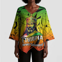 Menelik II Kimono Sleeve Blouse with Crowned Portrait, Ethiopia Never Colonized Text and Pan-African Abstract - Wonder Print Shop