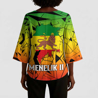 Menelik II Kimono Sleeve Blouse with Crowned Portrait, Ethiopia Never Colonized Text and Pan-African Abstract - Wonder Print Shop