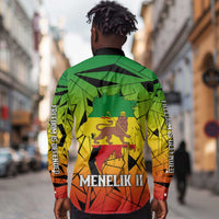 Menelik II Long Sleeve Button Shirt with Crowned Portrait, Ethiopia Never Colonized Text and Pan-African Abstract - Wonder Print Shop