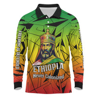 Menelik II Long Sleeve Polo Shirt with Crowned Portrait, Ethiopia Never Colonized Text and Pan-African Abstract - Wonder Print Shop