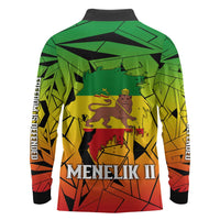 Menelik II Long Sleeve Polo Shirt with Crowned Portrait, Ethiopia Never Colonized Text and Pan-African Abstract - Wonder Print Shop