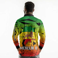 Menelik II Long Sleeve Polo Shirt with Crowned Portrait, Ethiopia Never Colonized Text and Pan-African Abstract - Wonder Print Shop