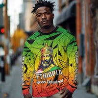Menelik II Long Sleeve Shirt with Crowned Portrait, Ethiopia Never Colonized Text and Pan-African Abstract - Wonder Print Shop