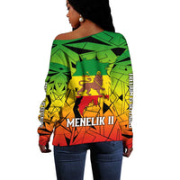 Menelik II Off Shoulder Sweater with Crowned Portrait, Ethiopia Never Colonized Text and Pan-African Abstract - Wonder Print Shop