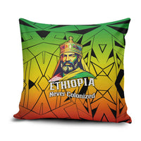 Menelik II Pillow Cover with Crowned Portrait, Ethiopia Never Colonized Text and Pan-African Abstract - Wonder Print Shop