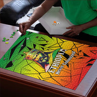 Menelik II Puzzle with Crowned Portrait, Ethiopia Never Colonized Text and Pan-African Abstract - Wonder Print Shop