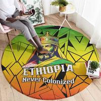 Menelik II Round Carpet with Crowned Portrait, Ethiopia Never Colonized Text and Pan-African Abstract - Wonder Print Shop