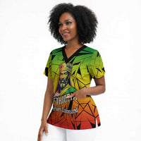Menelik II Scrub Top with Crowned Portrait, Ethiopia Never Colonized Text and Pan-African Abstract - Wonder Print Shop