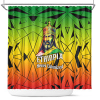Menelik II Shower Curtain with Crowned Portrait, Ethiopia Never Colonized Text and Pan-African Abstract - Wonder Print Shop
