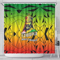 Menelik II Shower Curtain with Crowned Portrait, Ethiopia Never Colonized Text and Pan-African Abstract - Wonder Print Shop