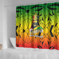Menelik II Shower Curtain with Crowned Portrait, Ethiopia Never Colonized Text and Pan-African Abstract - Wonder Print Shop