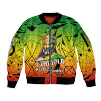 Menelik II Sleeve Zip Bomber Jacket with Crowned Portrait, Ethiopia Never Colonized Text and Pan-African Abstract - Wonder Print Shop