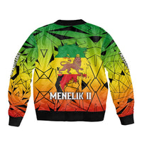 Menelik II Sleeve Zip Bomber Jacket with Crowned Portrait, Ethiopia Never Colonized Text and Pan-African Abstract - Wonder Print Shop