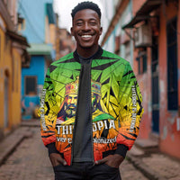 Menelik II Sleeve Zip Bomber Jacket with Crowned Portrait, Ethiopia Never Colonized Text and Pan-African Abstract - Wonder Print Shop