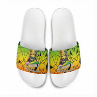 Menelik II Slide Sandals with Crowned Portrait, Ethiopia Never Colonized Text and Pan-African Abstract - Wonder Print Shop