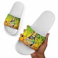 Menelik II Slide Sandals with Crowned Portrait, Ethiopia Never Colonized Text and Pan-African Abstract - Wonder Print Shop