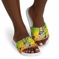 Menelik II Slide Sandals with Crowned Portrait, Ethiopia Never Colonized Text and Pan-African Abstract - Wonder Print Shop